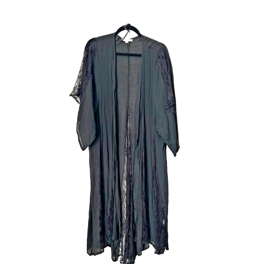 Womens Size S Black Mesh Lace Open Front Short Sleeve Kimono Sheer Cover Up